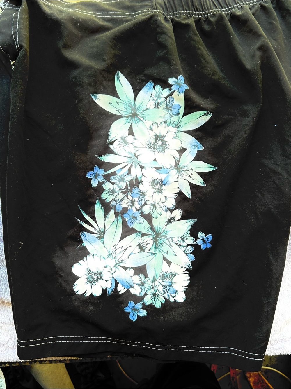 Women 18 Black Swim Shorts with Blue-Green Floral Print